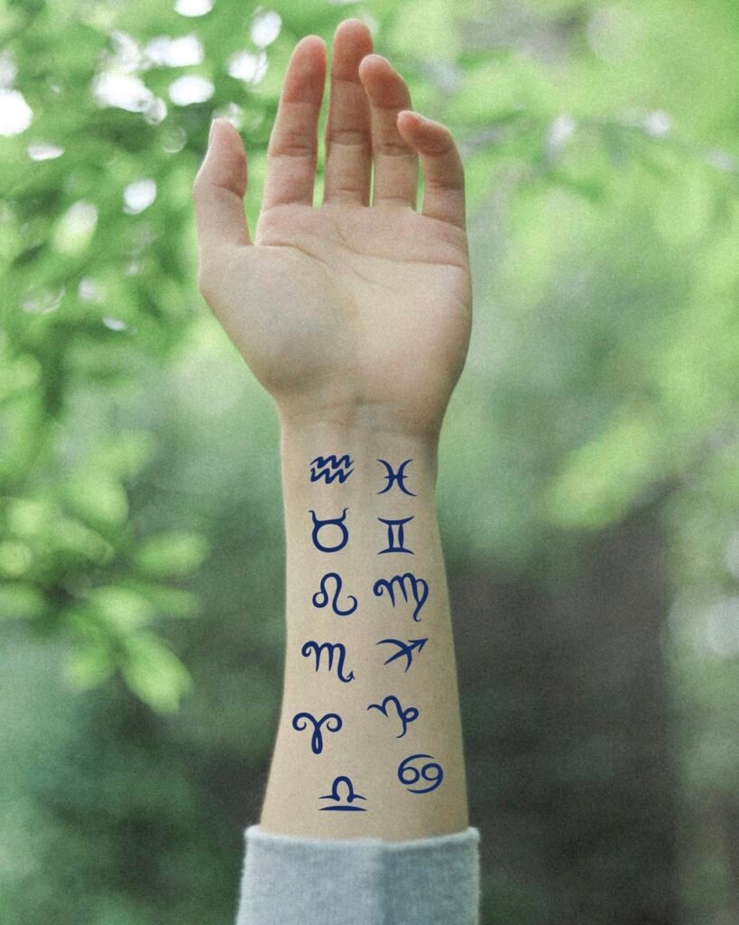 10 zodiac glyphs aries taurus gemini cancer leo virgo libra scorpio sagittarius capricorn aquarius pisces temporary tattoo jagua genipin body art inkbox