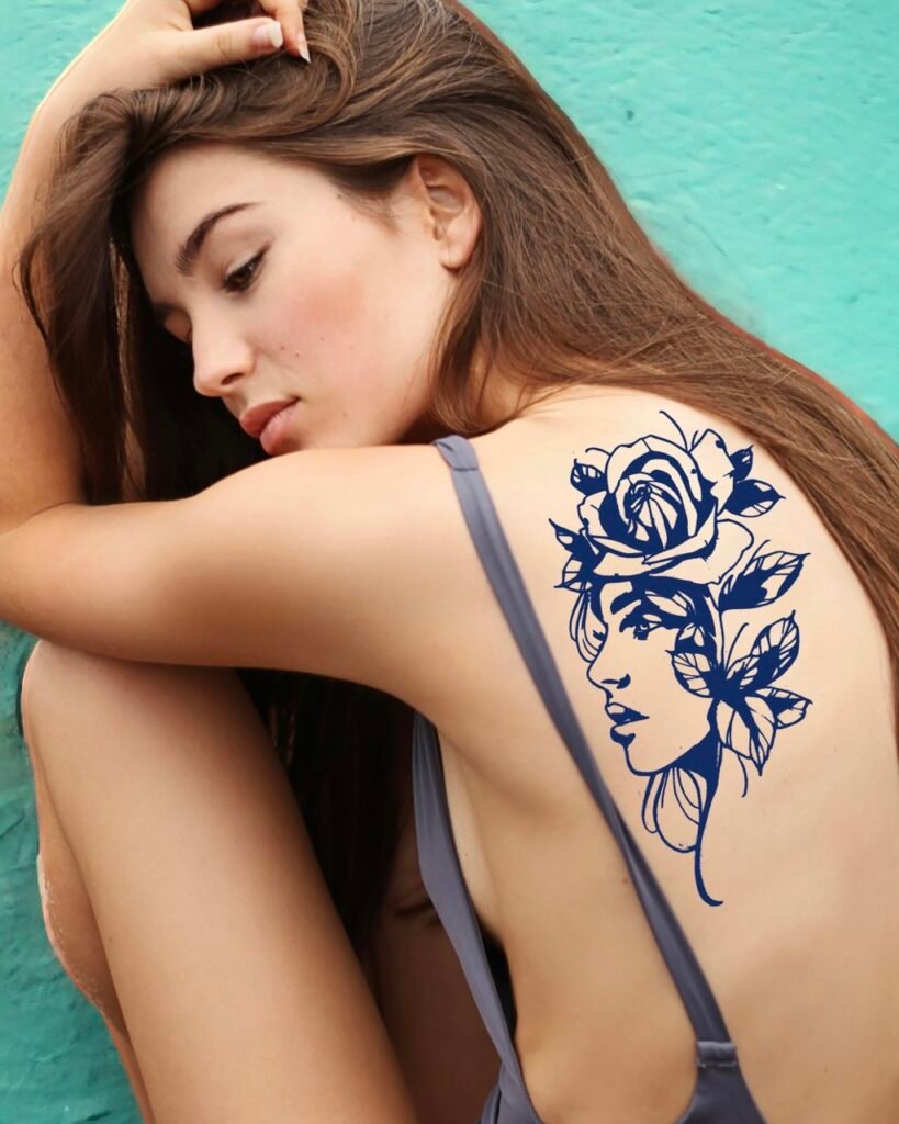 28 large rose woman portrait temporary tattoo jagua genipin body art inkbox